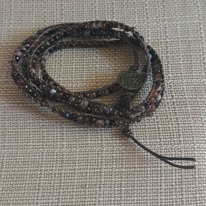 Handmade Neutral Colored Bead & Brown Leather Wrap Bracelet